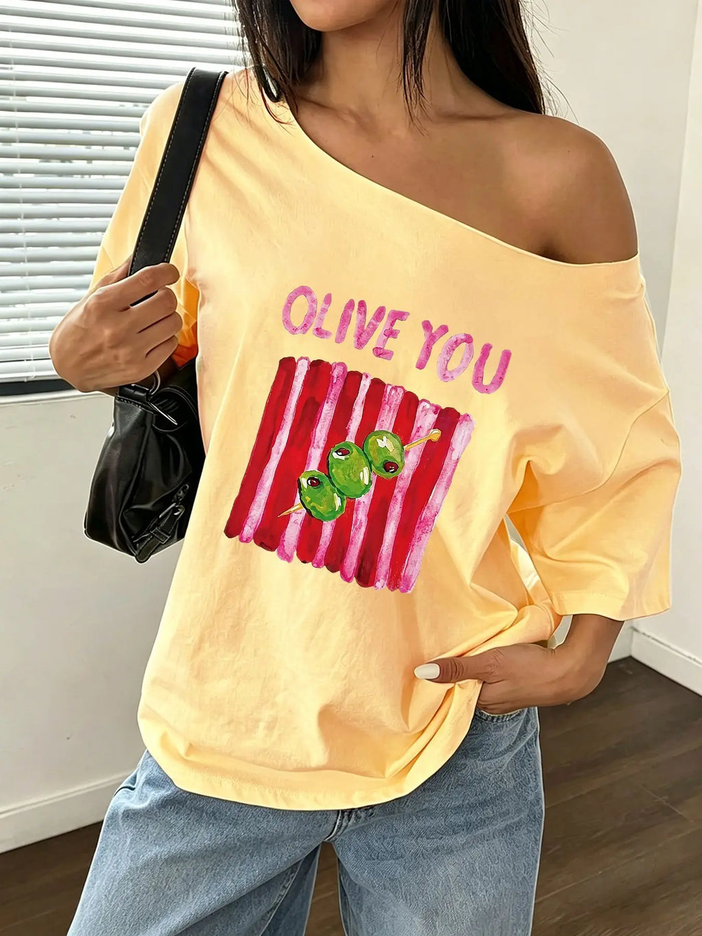 100% Cotton Plus Size Cute Olive Print Casual T-Shirt Shoulder Loose Print T-Shirt Oversized Y2K Style Graphic Tees Women Top