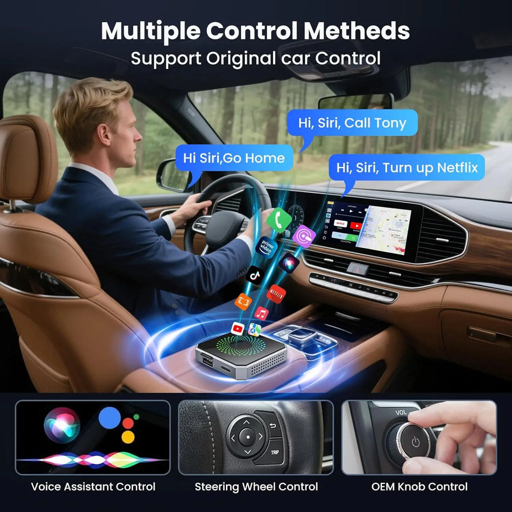 Wireless CarPlay and Android Auto adapters, compatible with Netflix and YouTube. The CarPlay AI box comes with USB-A and USB-C cables, suitable for iPhone and Android devices, converting a wired connection to wireless CarPlay