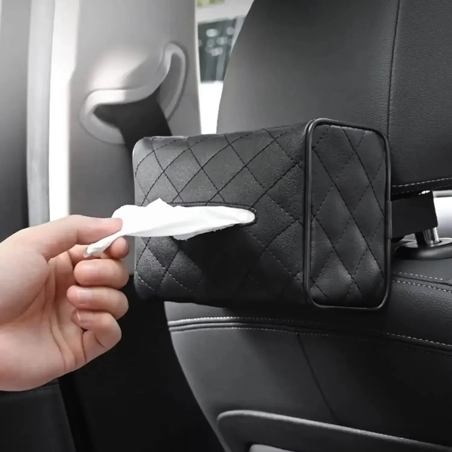 Solid Color Checkered Leather Wear-Resistant Tissue Box Car Seat Back Sunshade Hanging Tissue-Bag Buckle Strap Easy Installation