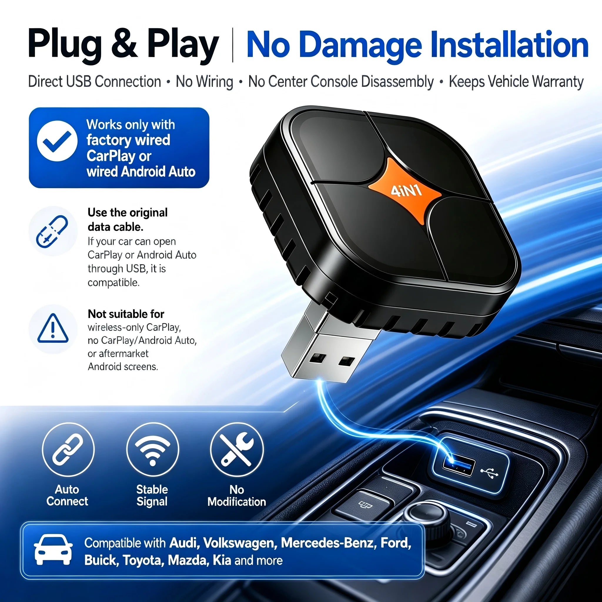 4IN1 Wireless CarPlay Android Auto Dongle Wired To Wireless Converter AirPlay Miracast Screen Mirror Bluetooth WiFi Auto Connect