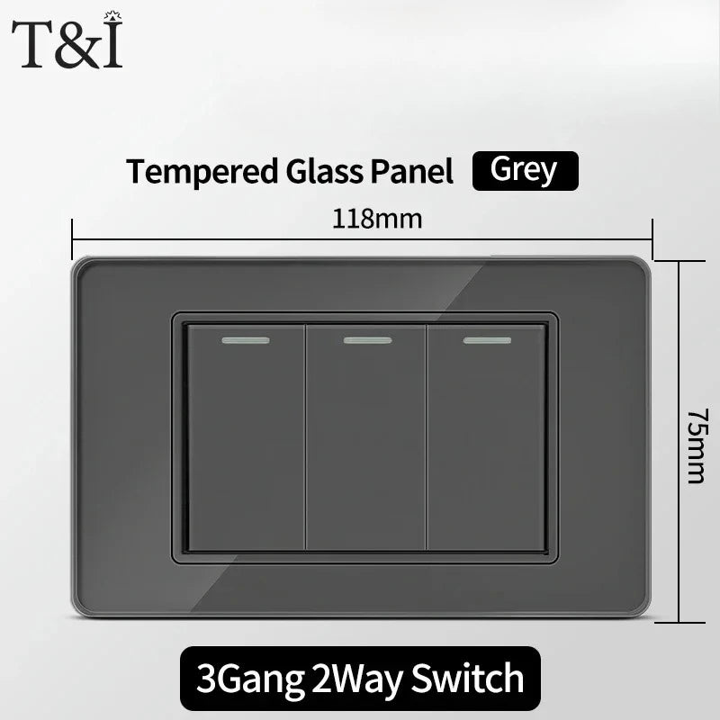 118*75mm Tempered Glass Socket US Wall Socket Grey Thai USB Socket Plug with Dual USB Type-C Ports,Light Switch 110V