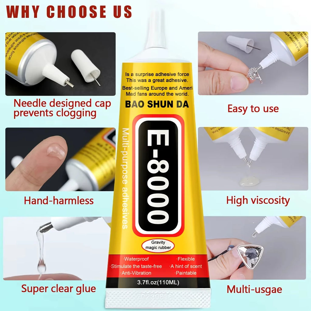 T7000 & E8000 Jewelry Adhesive 15/110g: Suitable for bonding rhinestones, pearls, glass, and metal—waterproof and transparent
