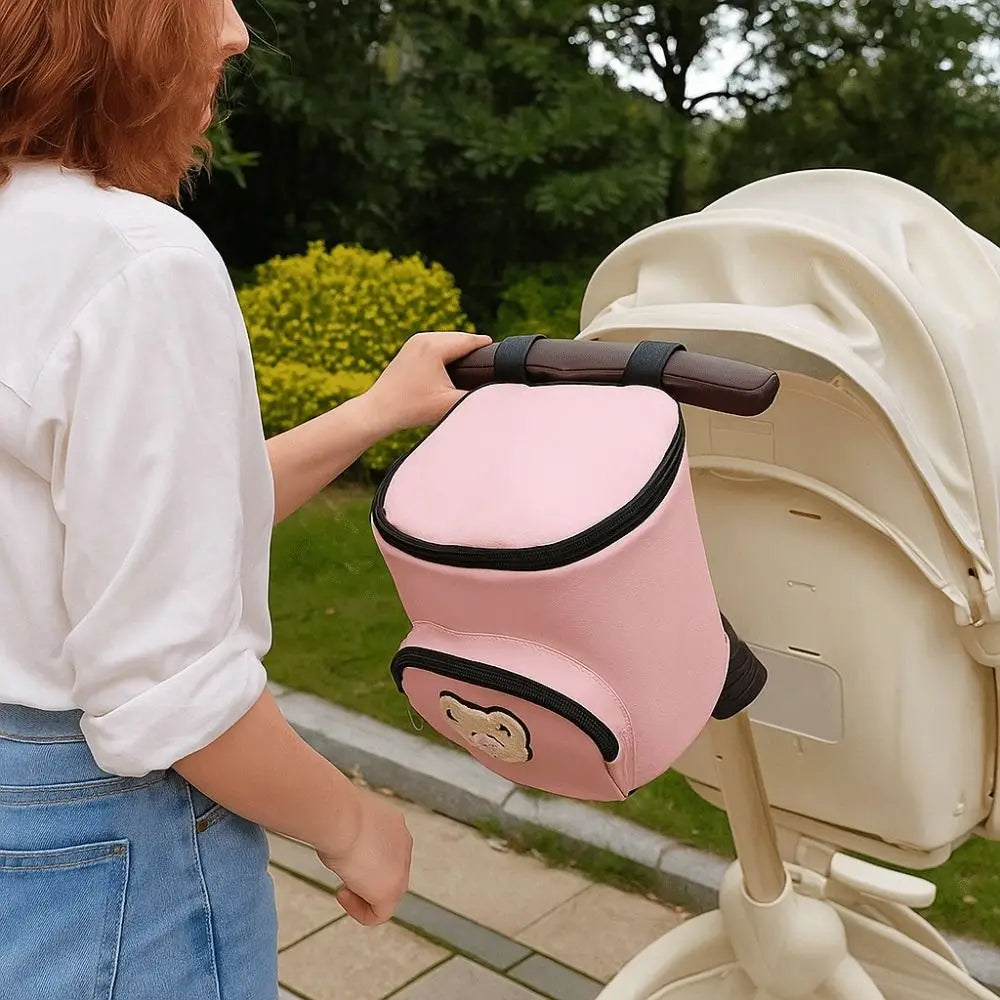 Portable Waterproof Baby Stroller Hanging Bag Cartoon Bear PU Leather Umbrella Cart Bags Large Capacity Mommy Storage Bag