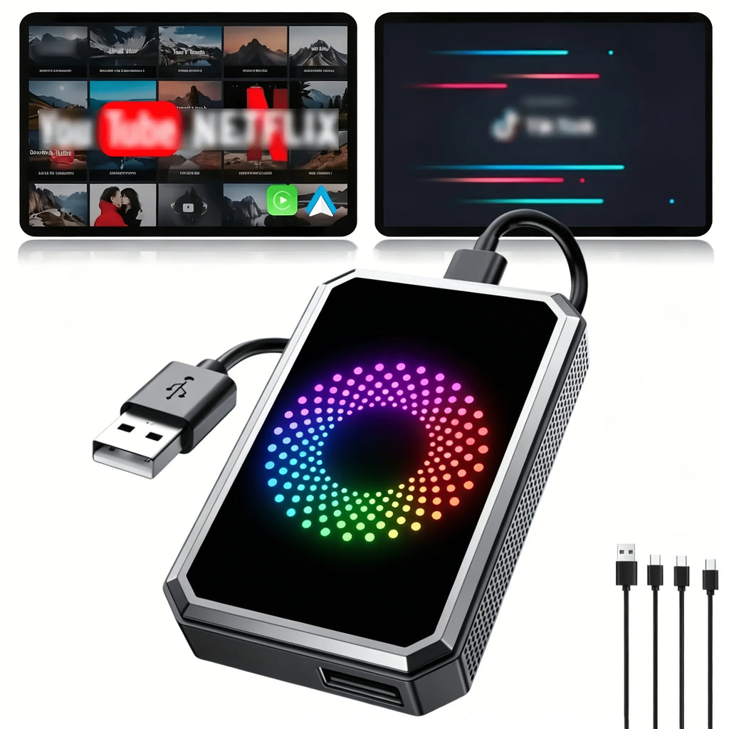 The 3-in-1 Magic Media Box Supports Netflix ,YouTube Streaming. It Comes With a Wireless CarPlay Adapter And a USB Port, And is Compatible With Vehicles Equipped With Factory-installed Wired Apple CarPlay and Android Auto Sys