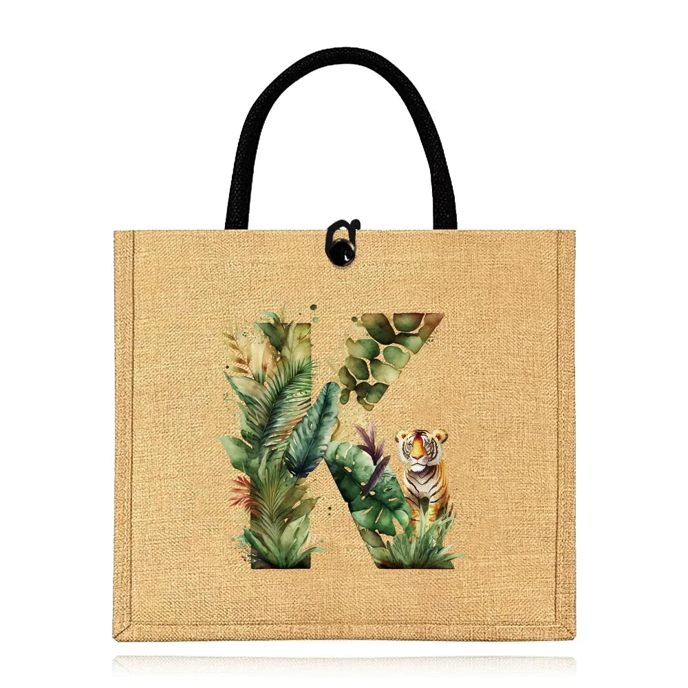 Flax Bag Fastener Handbag Organizer Storage Jute Tote Bags Imitation Cotton Women Valise Portable Jungle Tiger Printing Series