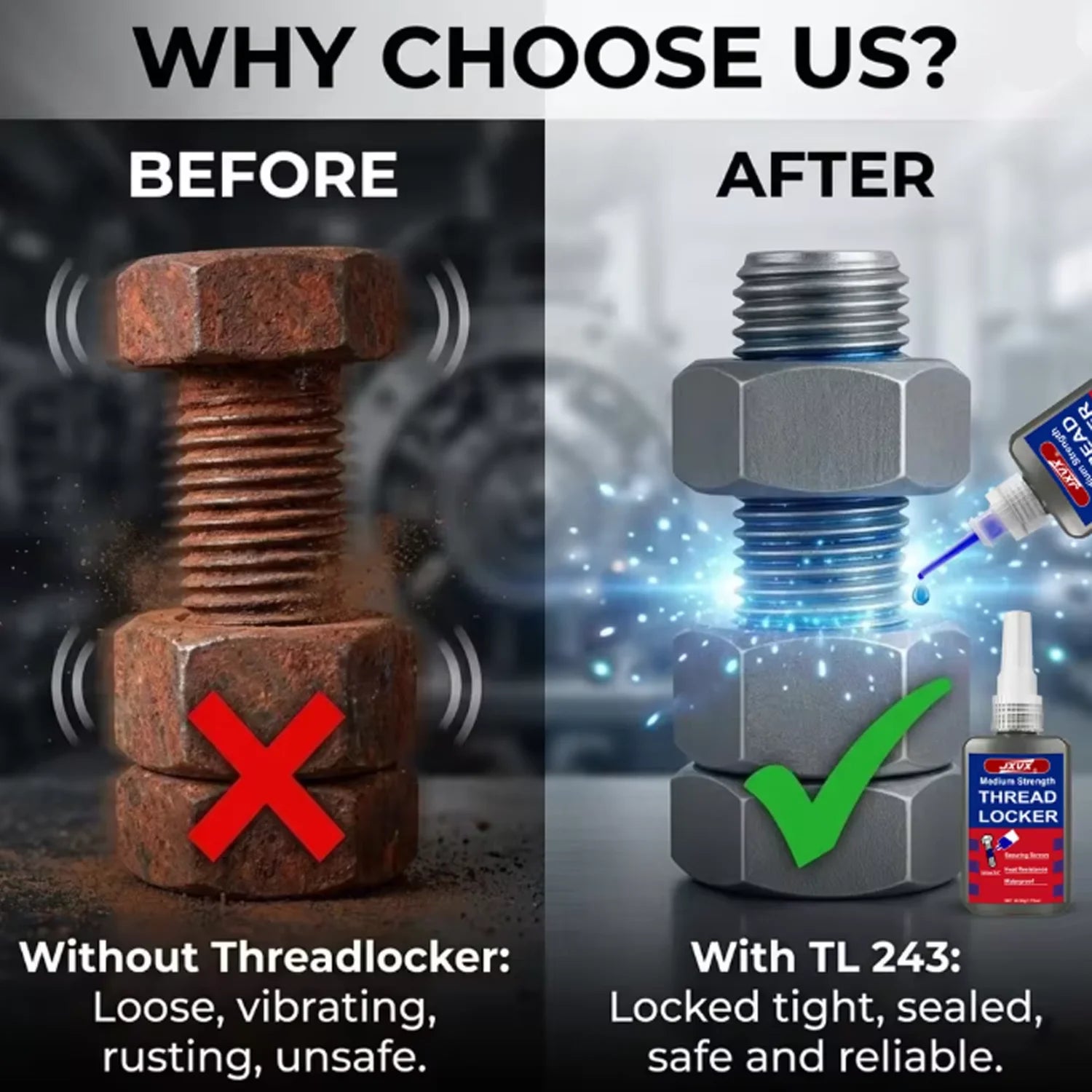 JXVX 243 Threadlocker Medium Strength Thread Locking Blue Removable Adhesive Anaerobic Epoxy Adhesive Industrial Thread Sealant.