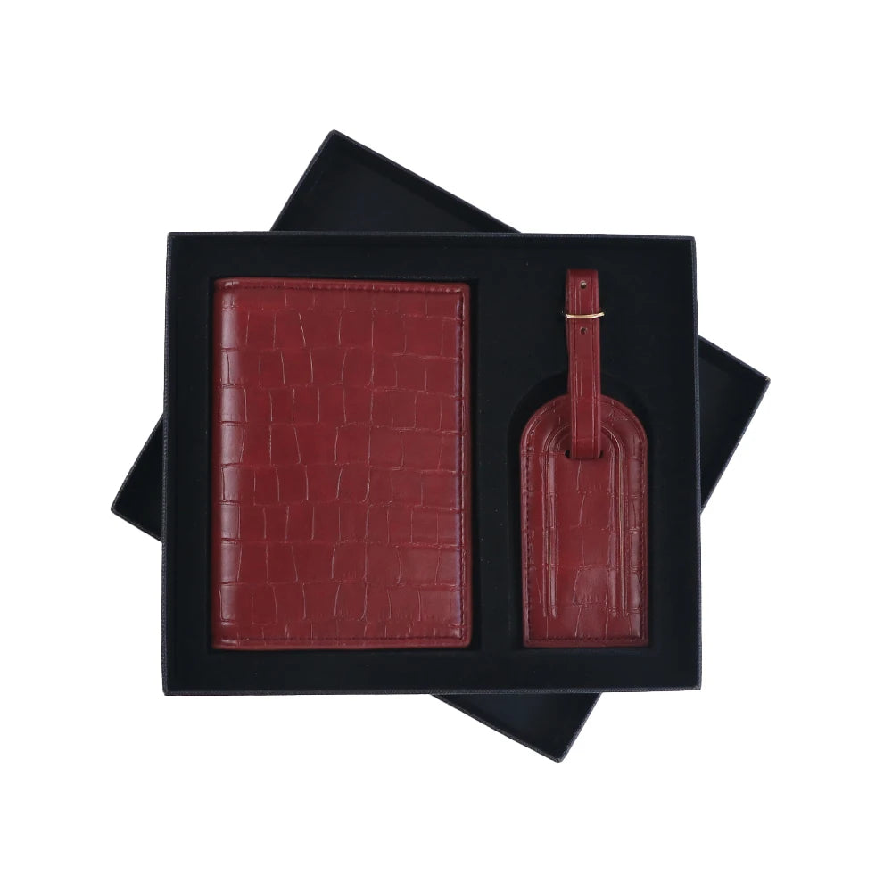Customized Name PU Leather Crocodile Skin Pattern Luggage Tag + Passport Holder Gift Box Bag Accessories