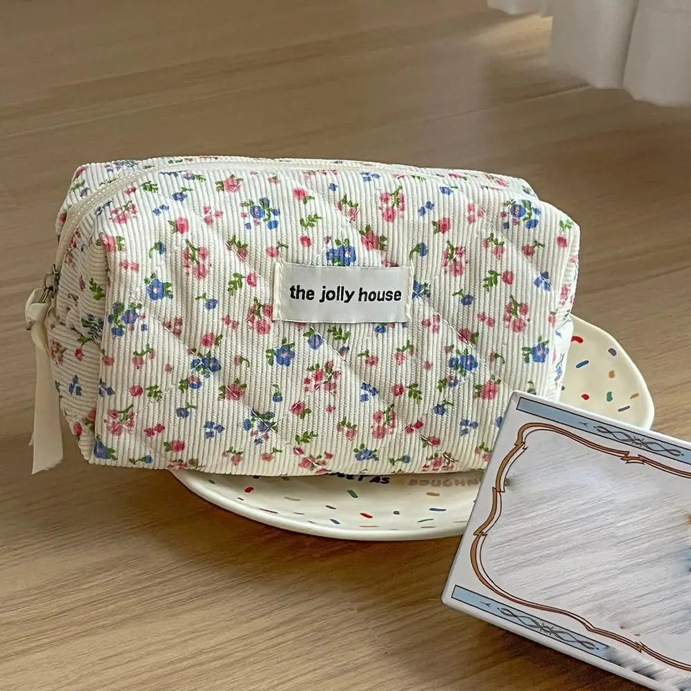 Flower Printed Puffy Quilted Zipper Makeup Bag Storage Organizer Toiletry Handbag Cosmetic Pouch Large Travel Cosmetic Bag