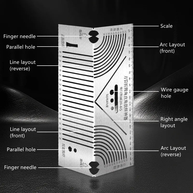 Arc Marking Ruler Right Angle Construction Arc Parallel Drawing Tool 90 Degree Folding Ruler for Metalworking Cutting Guide