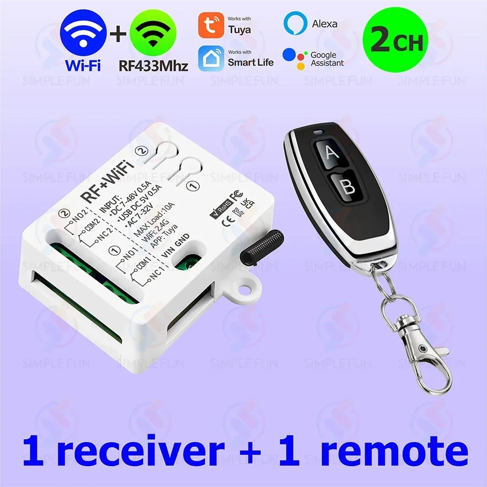 WiFi RF Remote Control Smart Light Switch 2 CH Tuya,USB 5V DC 12V 24V 48V,1-250V Dry Contact Relay,work with Alexa Google Home