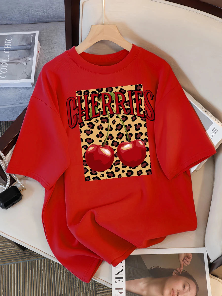 Plus Size Leopard Cherry Creative Design Womens Tee Shirts Casual T Shirt Summer O-Neck Streetwear Soft Oversized Short Sleeve