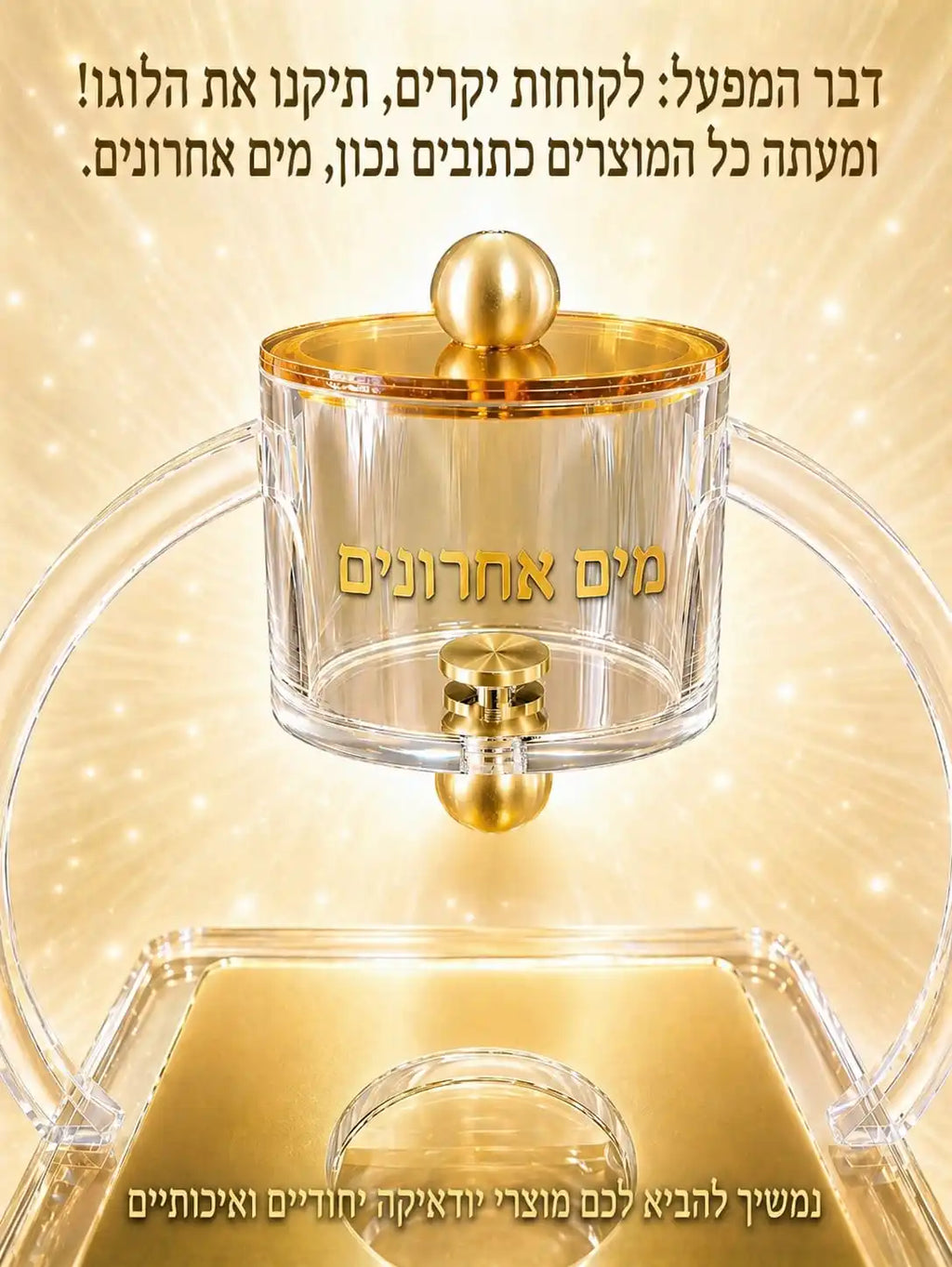 Judaica Acrylic Mayim Achronim Set with Gold Logo Holiday Gift Present Festival Desktop Jewish Lucite Mayim Achronim Set