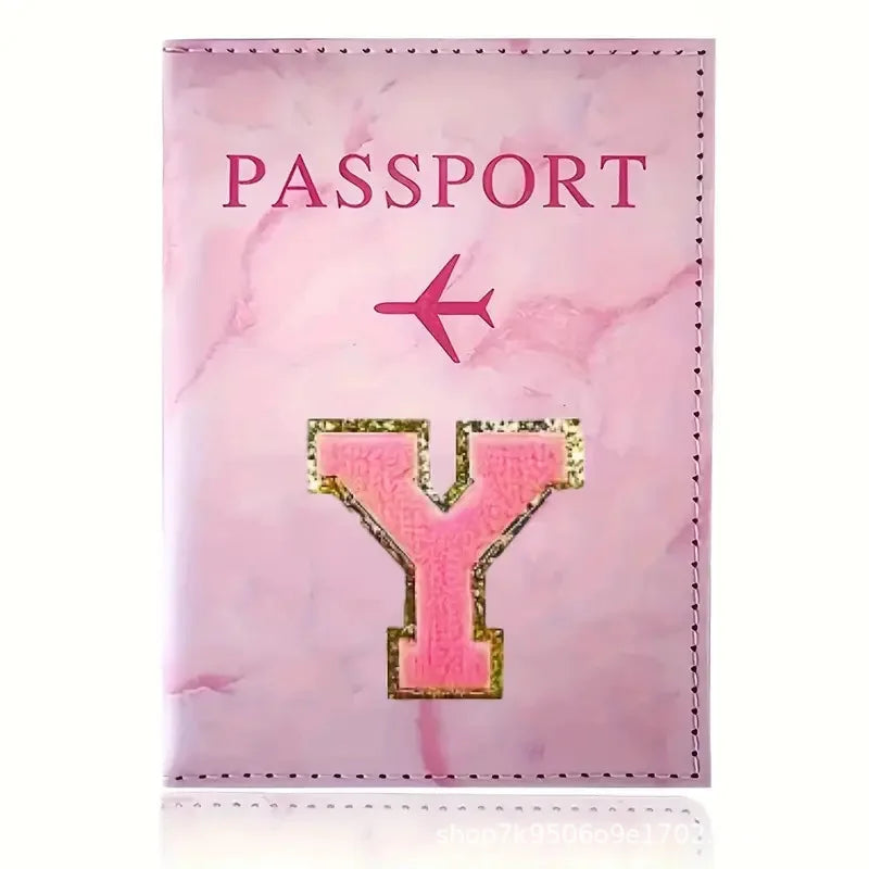 Pink PU Leather Passport Holder with Embroidery Label, Ticket & ID Credit Card Holder Cover, Travel Accessories