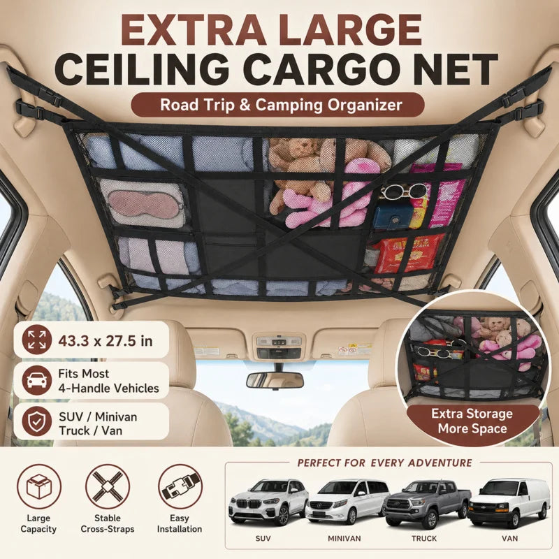 Extra Large Car Ceiling Cargo Net 43.3x27.5in, SUV Van Truck Roof Storage Organizer, Overhead Mesh Holder for Travel