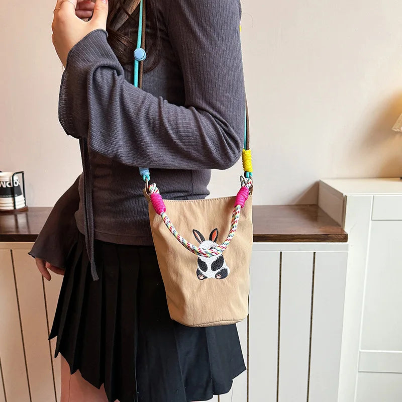 New Fashion Cute Cartoon Panda Embroidery Nylon Mini Bucket Bag Women Casual Lightweight Crossbody Shoulder Bag Small Handbag