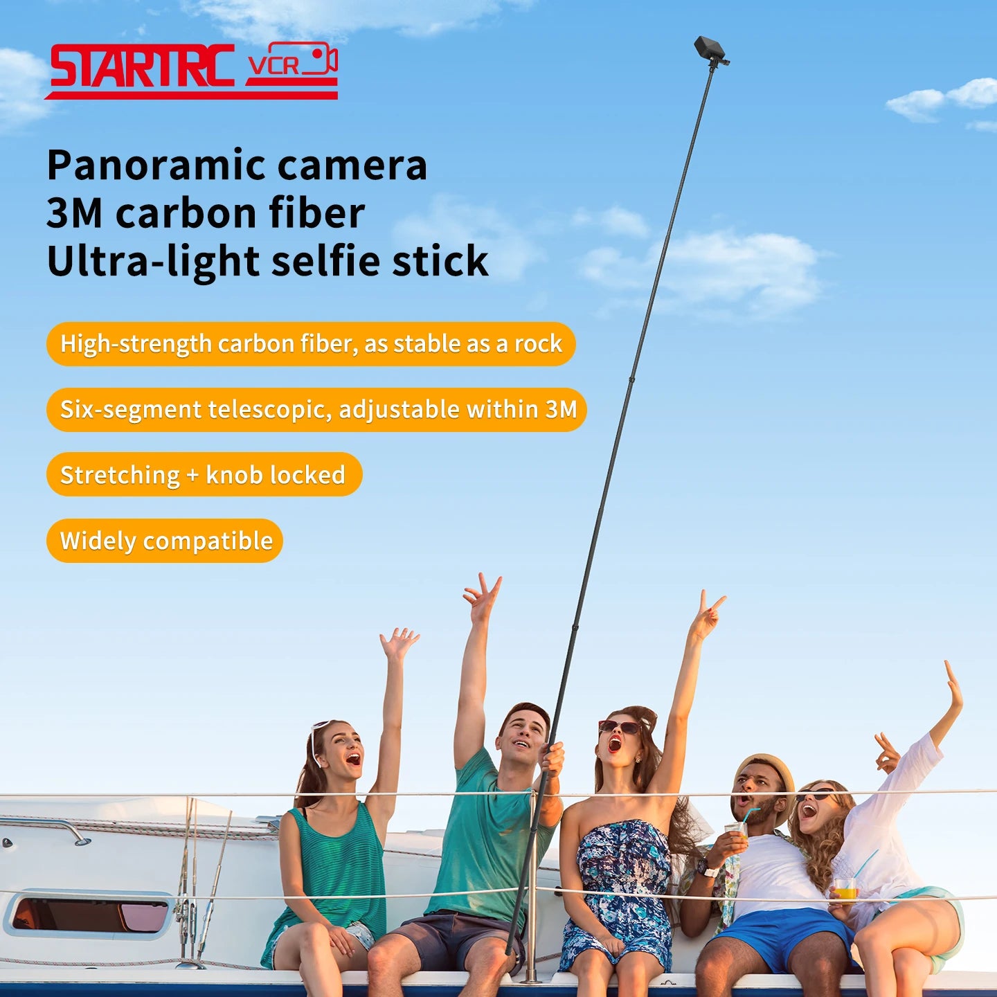 3M Carbon Fiber Invisible Selfie Stick, 1/4" Screw Telescopic Extension Pole for Insta360 X5X4, DJI Action, GoPro