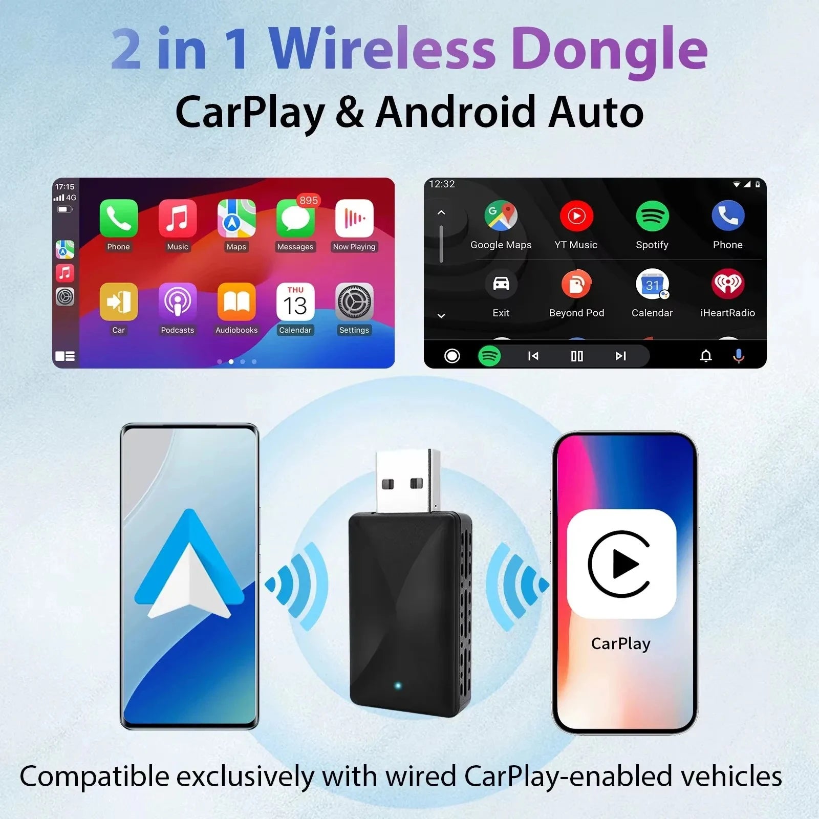 2026 New 2-in-1 Wireless CarPlay & Android Auto Adapter, Wired to Wireless, Plug & Play, Car Smart Dongle, Fit 98% Cars, Bluetooth 5.4+WiFi6, Low Latency, for iPhone & Android