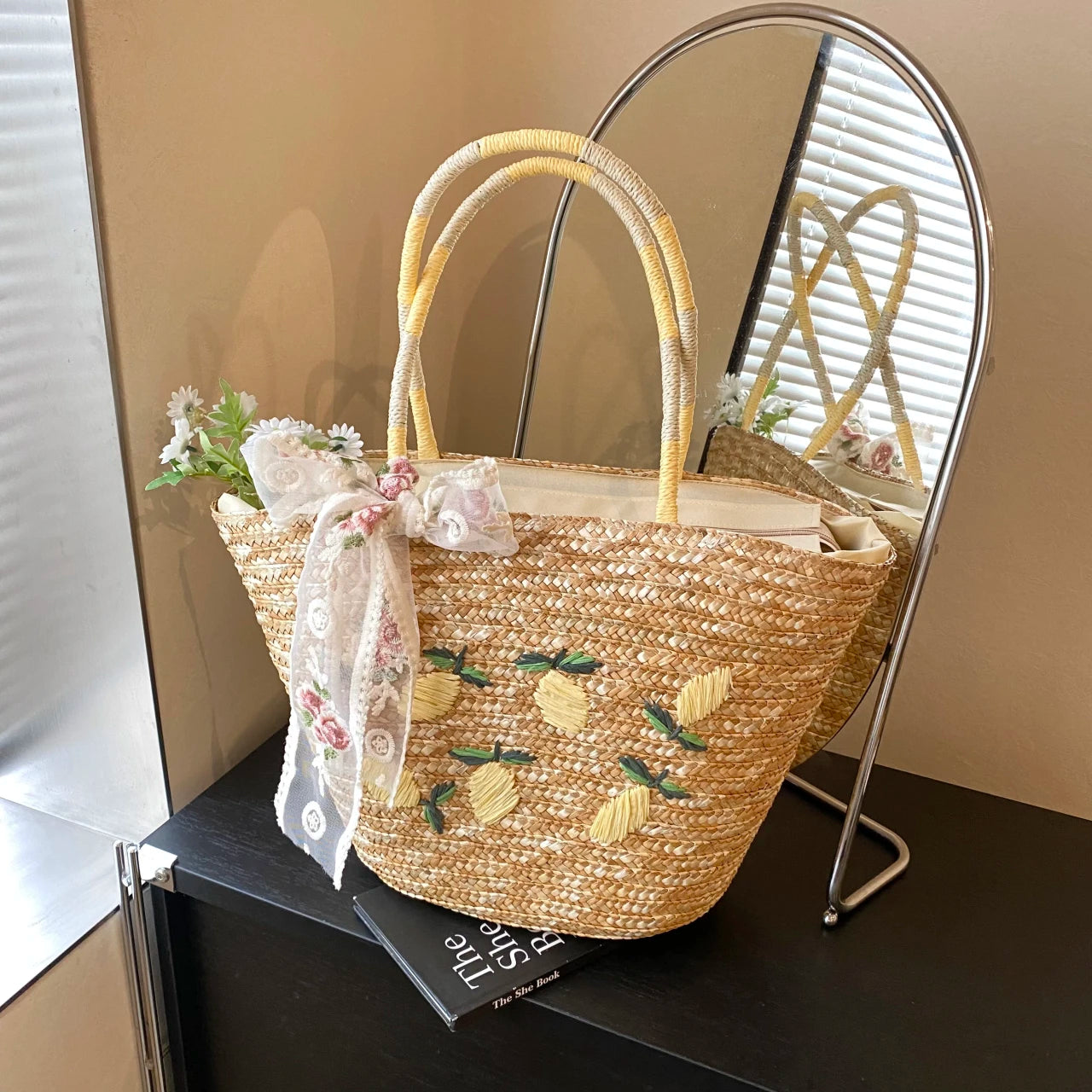 Large Capacity Beach Shoulder Bag Designer Embroidery Handbag Summer Handmade Rattan Bag Fashion Basket Straw Shopping Bag