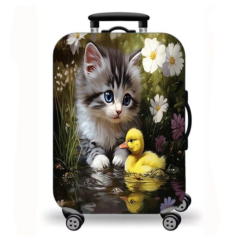 Luggage Cover, Cute Fluffy Kitten Cat Floral Duck Print Stretch Suitcase Protector, Washable Anti-Scratch Travel Baggage Cover