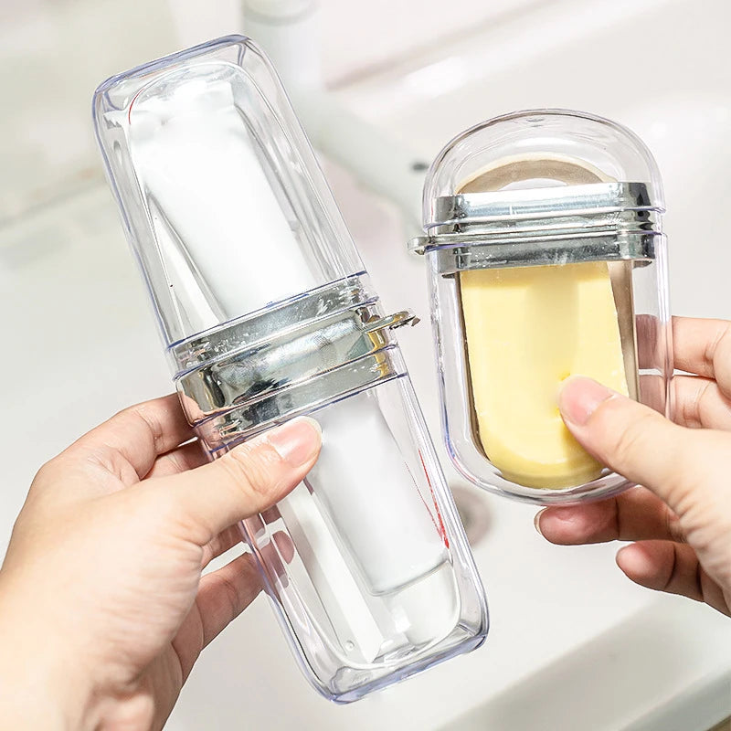 2pcs/Set Portable Soap Holder Toothbrush Case Durable Plastic Travel Essentials Toiletry Set Easy-Clean Gym Bathroom Accessories