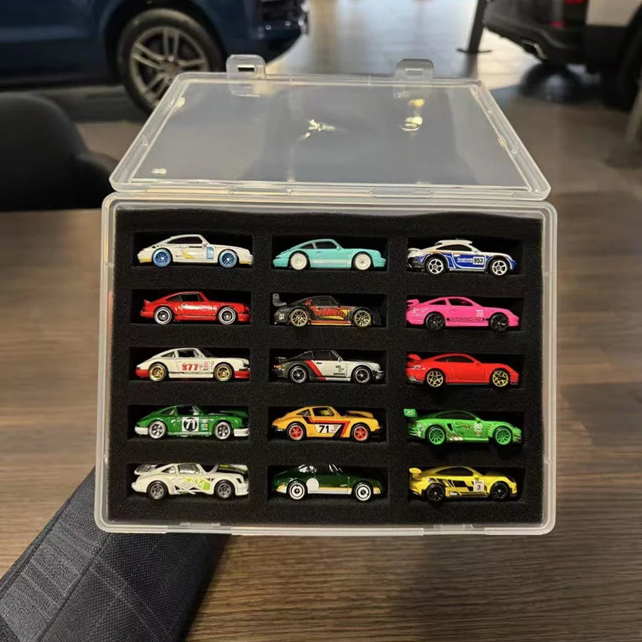 Transparent Storage Box with Lid and Cotton Plate, 15-position Display Case for 1/64 Car Models, Hot Wheels Showcase