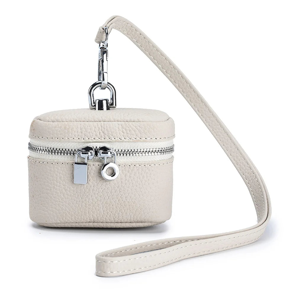 Top-Grain Leather Mini Coin Purse Ins Style - Portable Neck-Hanging Lipstick Makeup Bag & Real Leather Earphone Pouch for Wome