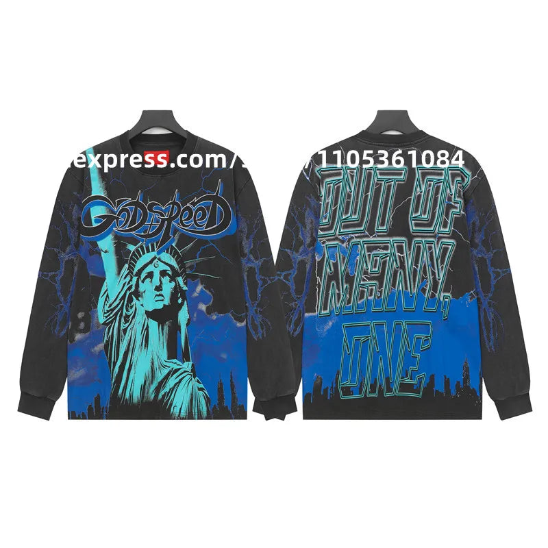 2026 Quality American Skeleton Pattern Printed Washed GODSPEED Long Sleeves T-shirt High Street Casual Cotton Round Neck Men Top