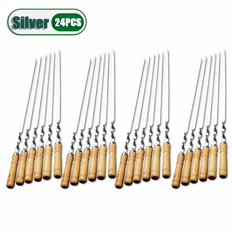 6-24PCS 55cm BBQ Fork BBQ Skewers Long Handle Kebab Barbecue Grill Sticks Reusable Stainless Steel Outdoor Camping Grill Needle