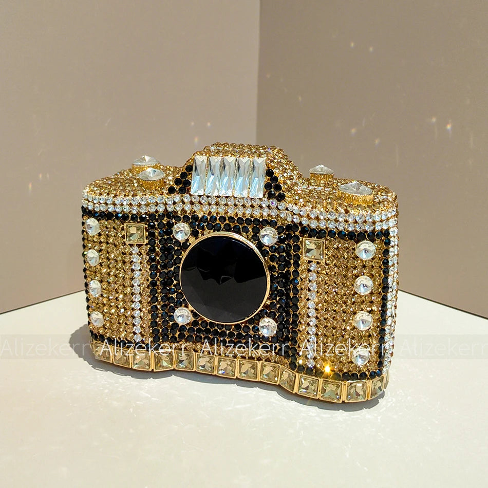 Camera Shaped Diamond Evening Clutch Bags 2024 New Boutique Novelty Metallic Rhinestone Purses And Handbags Bridal Wedding Party