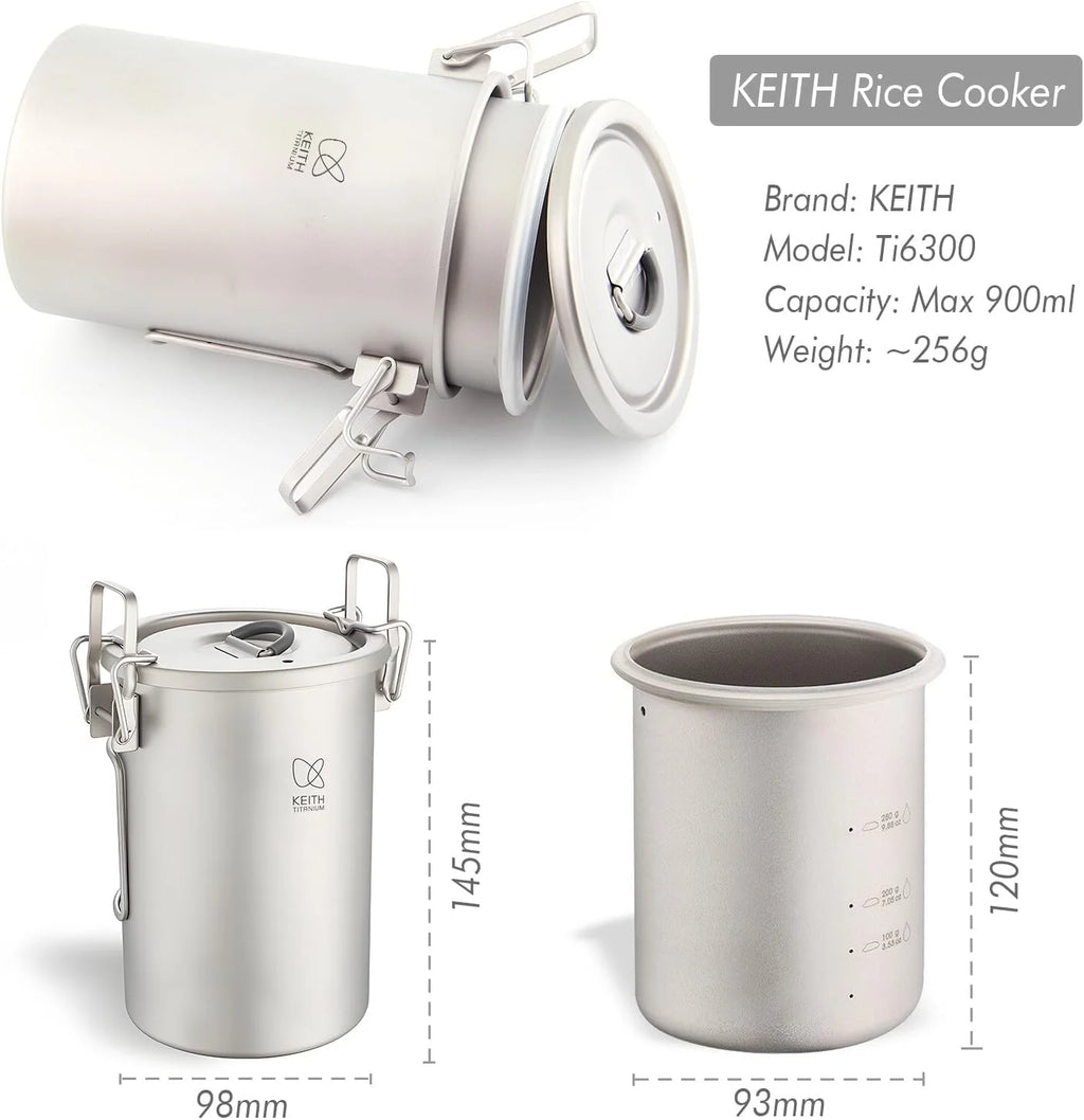 Keith Titanium Rice Cooker Outdoor Camping Cooking Light Weight Cookeware TI6300 Multifunctional  Pot 900ml for  Backpacking