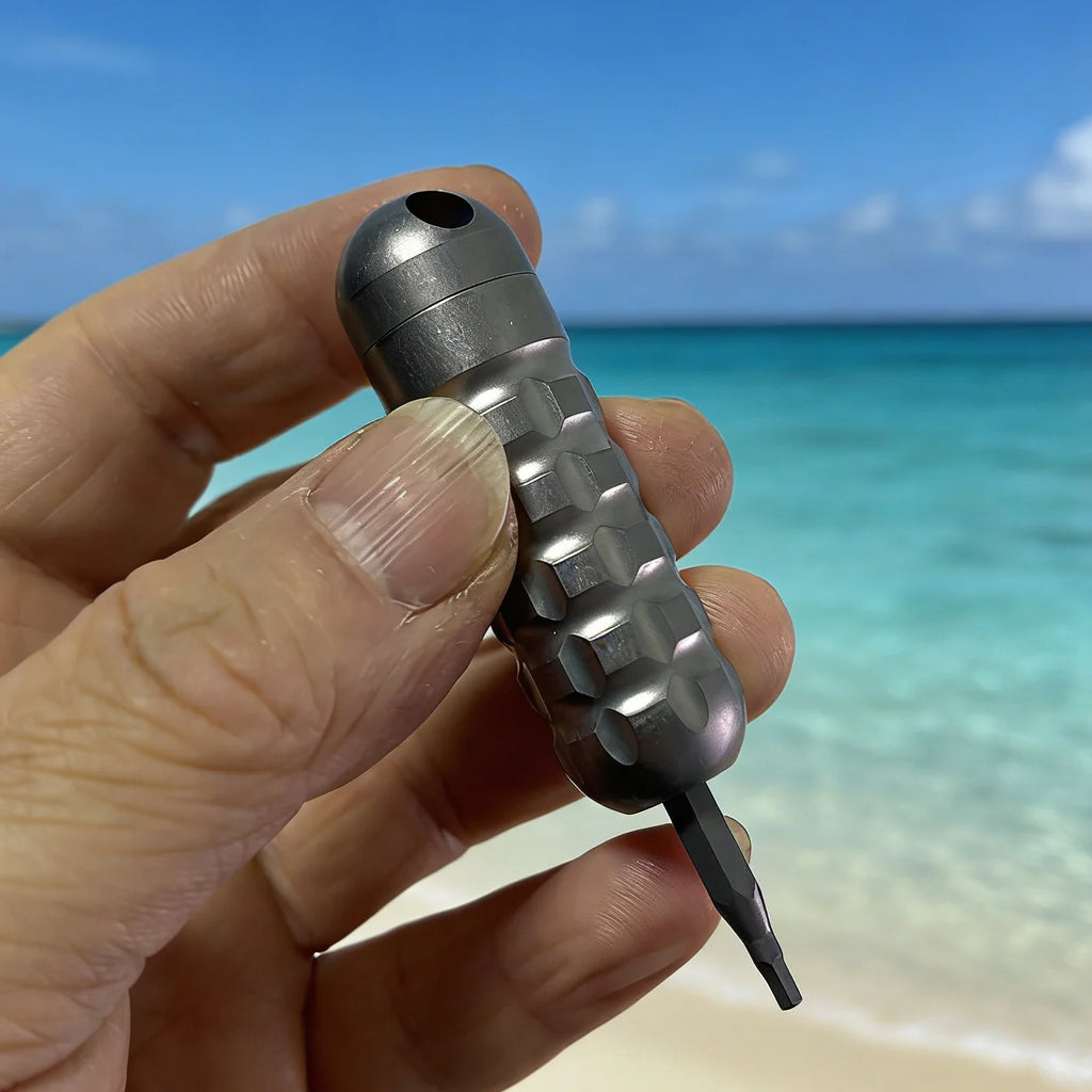 Titanium Damascus EDC Multi-Tool | Portable Screwdriver Bit Holder & Waterproof Canister