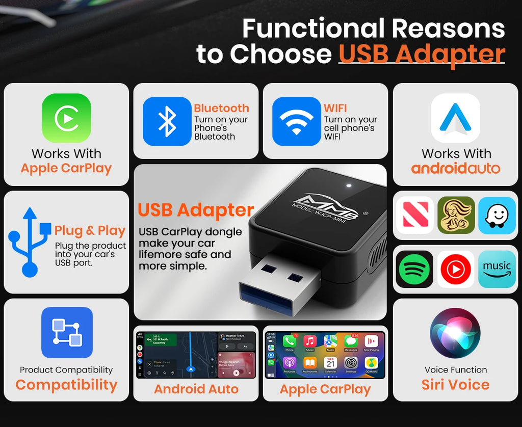 MMB Mini Ultra CarPlay Wireless Android Auto Adapter 2in1 USB Dongle for Totoya VW Chevrolet Hyundai Plug and Play Auto Connect