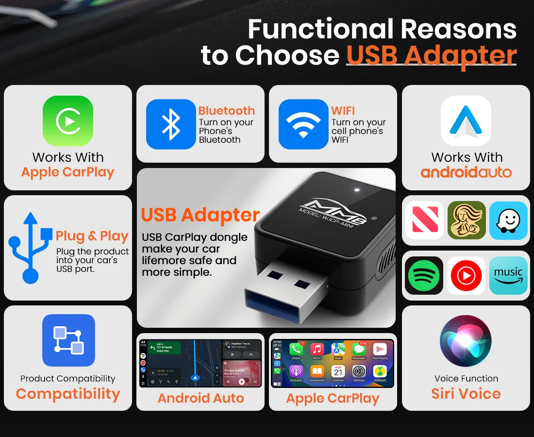 MMB Mini Ultra CarPlay Wireless Android Auto Adapter 2in1 USB Dongle for Totoya VW Chevrolet Hyundai Plug and Play Auto Connect