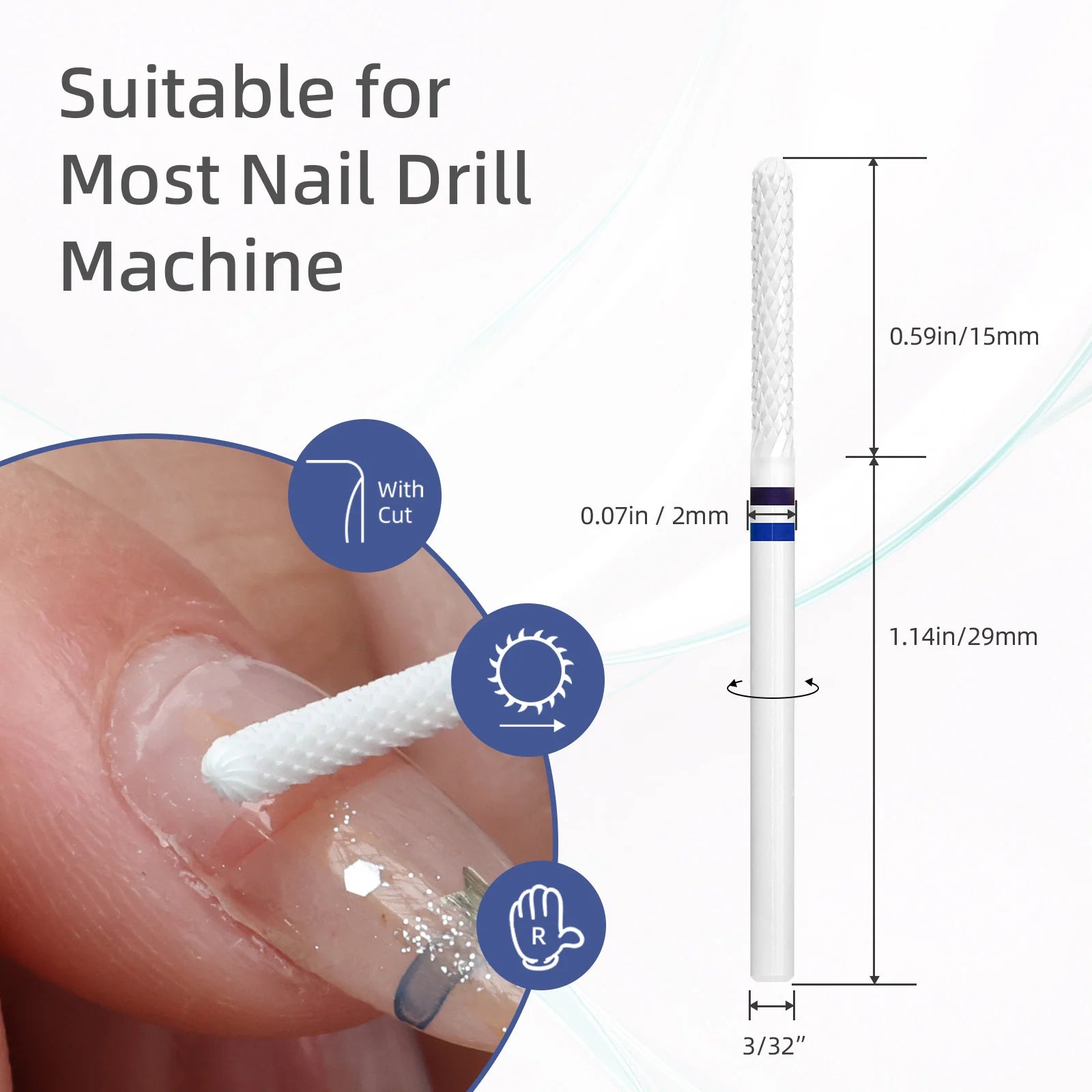 HYTOOS White Composite Ceramic Nail Drill Bits R Cut Barrel High Hardness Pro E-file Bit for Cuticle Clean Gel & Acrylic Removal