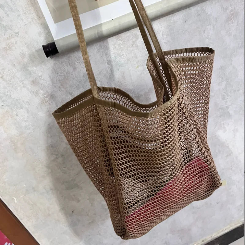 Foldable Mesh Beach Bag, Portable Net Tote Handbag Women Single Shoulder Bag Outdoor Travel Casual Storage Shopping Bag