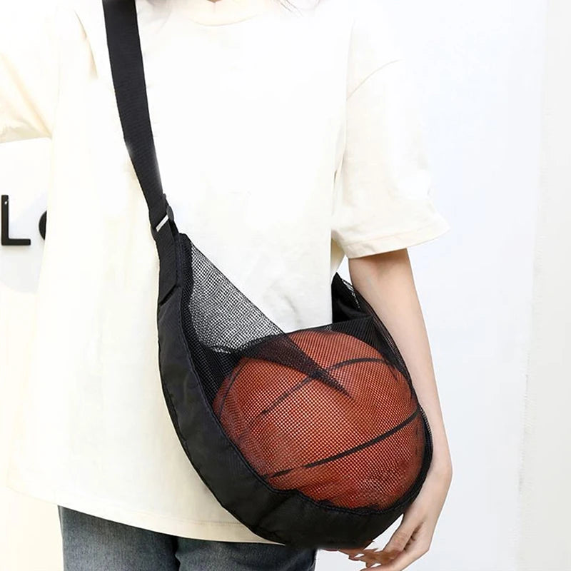 1Pc Drawstring Mesh Basketball Bag, Single Ball Sling Carry Net with Zipper Pocket Sports Storage