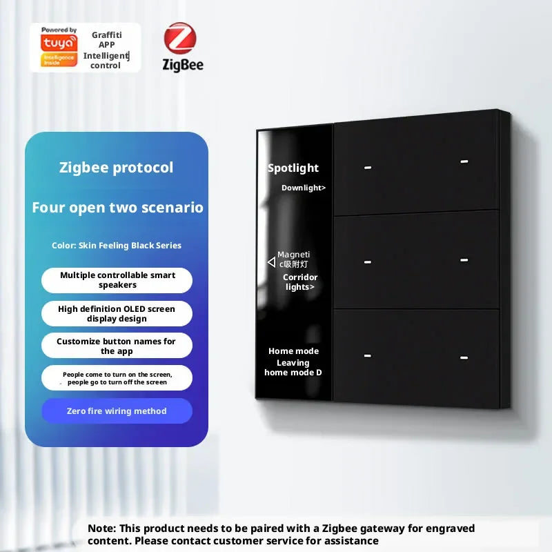 Tuya App Intelligent Control Switch Zigbee Intelligent Screen Display Switch Custom Button Copy Zero Flame Version Ac100-240v