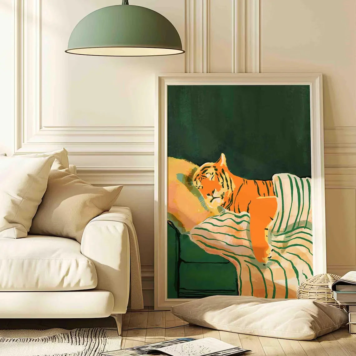 Emerald Green Tiger Art Print, Modern Animal Print, Dark Green Home Decor, Aesthetic Artwork, Green and Orange Painting, Shipped
