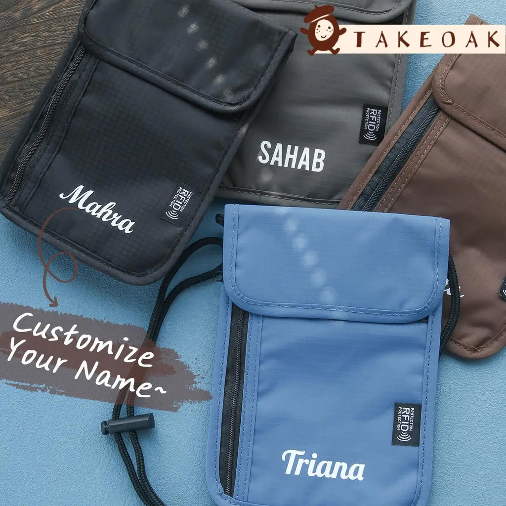 Custom Name RFID Blocking Neck Pouch Passport Bag Anti Radiation Nylon Travel Neck Wallet Portable Crossbody ID Card Holder