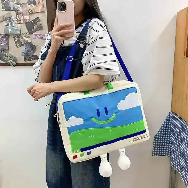 Funny Cartoon Smiling Face Shoulder Bag Casual Computer Protective Student Embroidery Laptop Fashion Big Capacity Versatile Bag