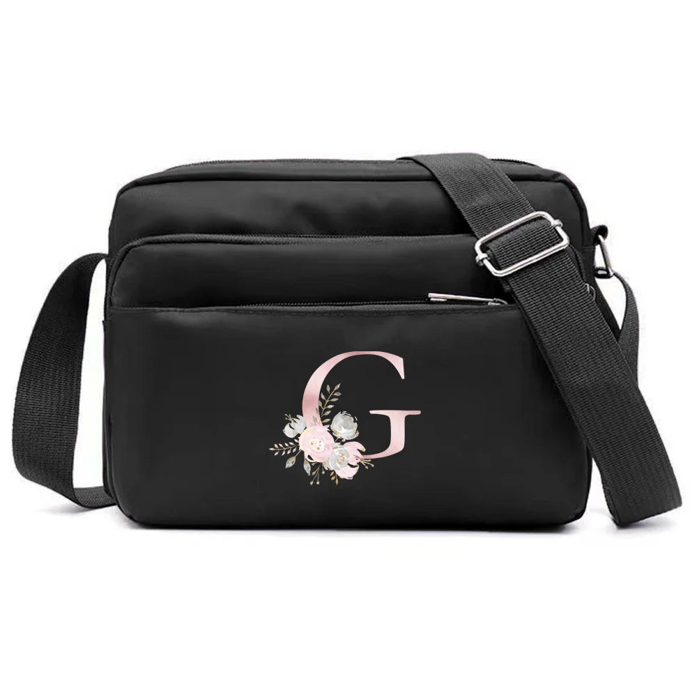 New Simple Black Storage Bag Multi-layer Travel Leisure One Shoulder Crossbody Bag Pink Flower Letter Series Printing Pattern