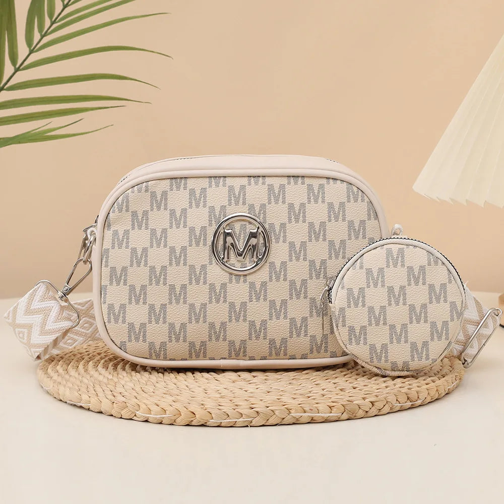 Vintage Letter-Printed Camera Bag for Women, Two-Piece Set, Stylish and Unique Shoulder Crossbody Bag with Wide Webbing Strap and Coin Purse