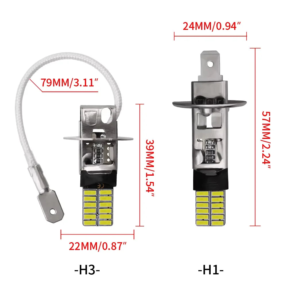 Oprah 2Pcs Fog Light LED H1 H3 4014 24SMD Bulb Super Bright Canbus Auto Leds Turn Driving Lamp Car accessories 6000k 12V White