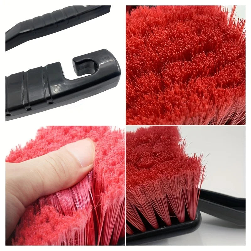 1Pc Soft Bristle Car Wash Brush - Long Handle Tire & Body Cleaning Tool With Red Head For Wheel Hubs