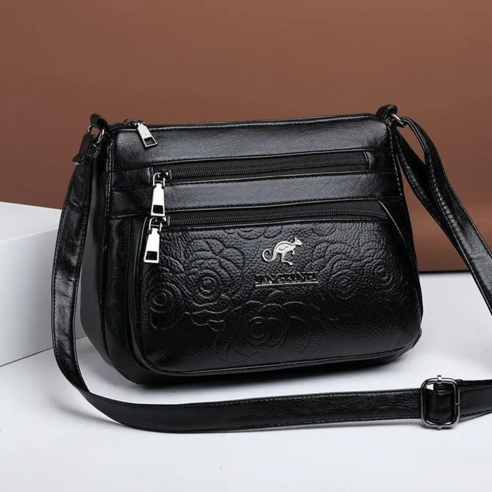 Fashion PU Leather Buying Vegetable Bag Black Large Capacity Middle-aged Mother's Bag Multi-layer Shoulder Messenger Bag Woman