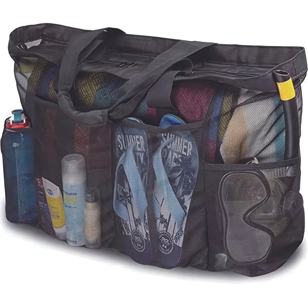 Large Beach Tote Bag, Mesh Pockets, Zipper, Multi Compartments - Durable Nylon for Beach Vacations, Cruises, Outdoor Essentials