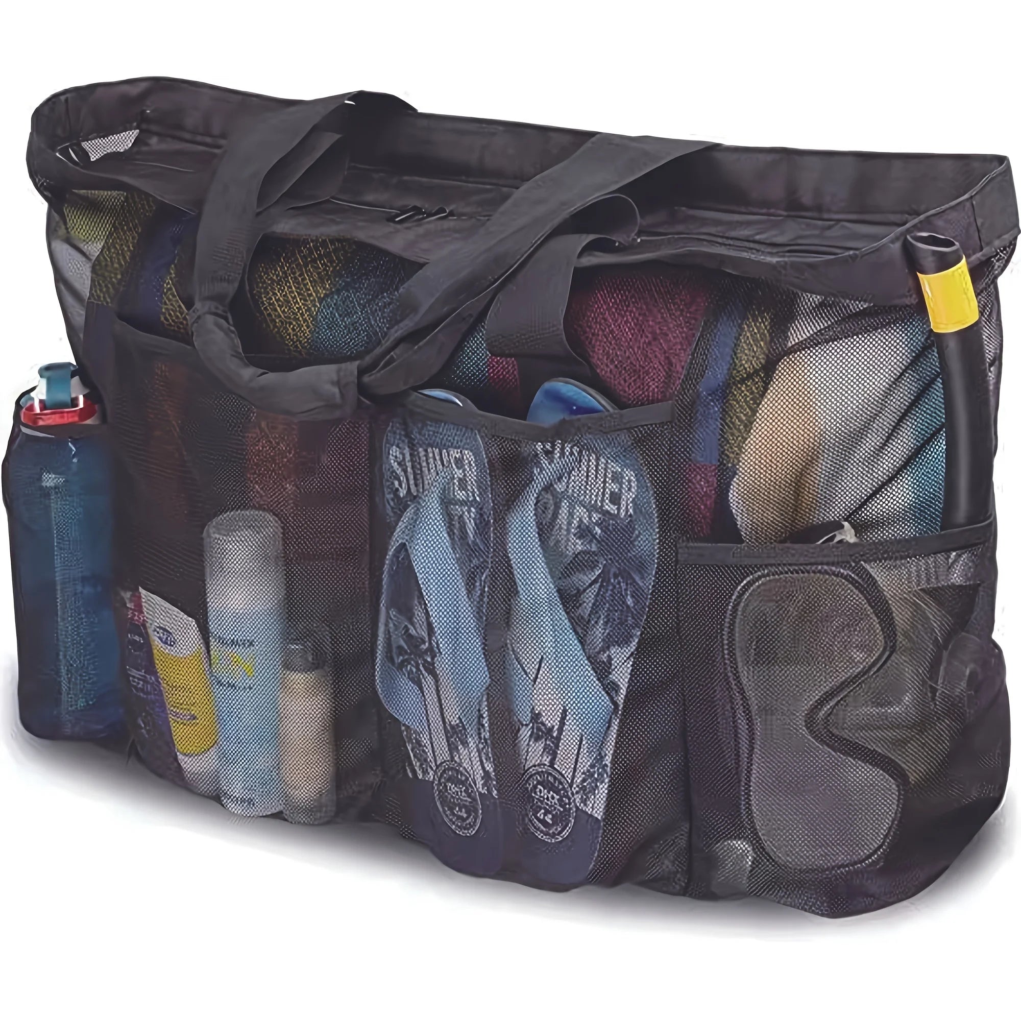 Large Beach Tote Bag, Mesh Pockets, Zipper, Multi Compartments - Durable Nylon for Beach Vacations, Cruises, Outdoor Essentials