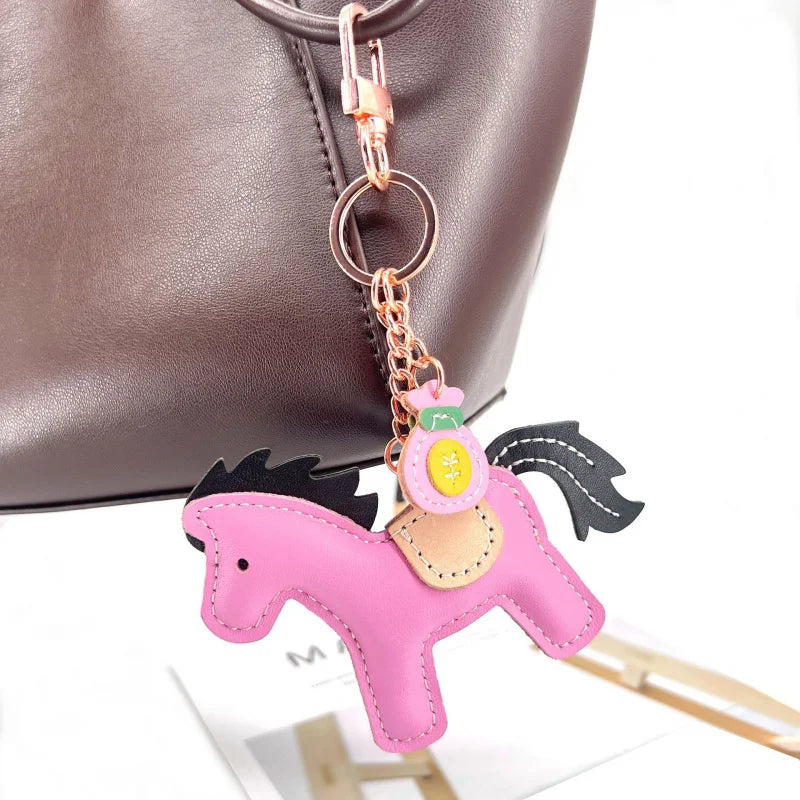New Trendy Cow Leather Pony  Key Ring Handbag Pendant Cute Horse Keychain Luggage Bag Parts Accessories