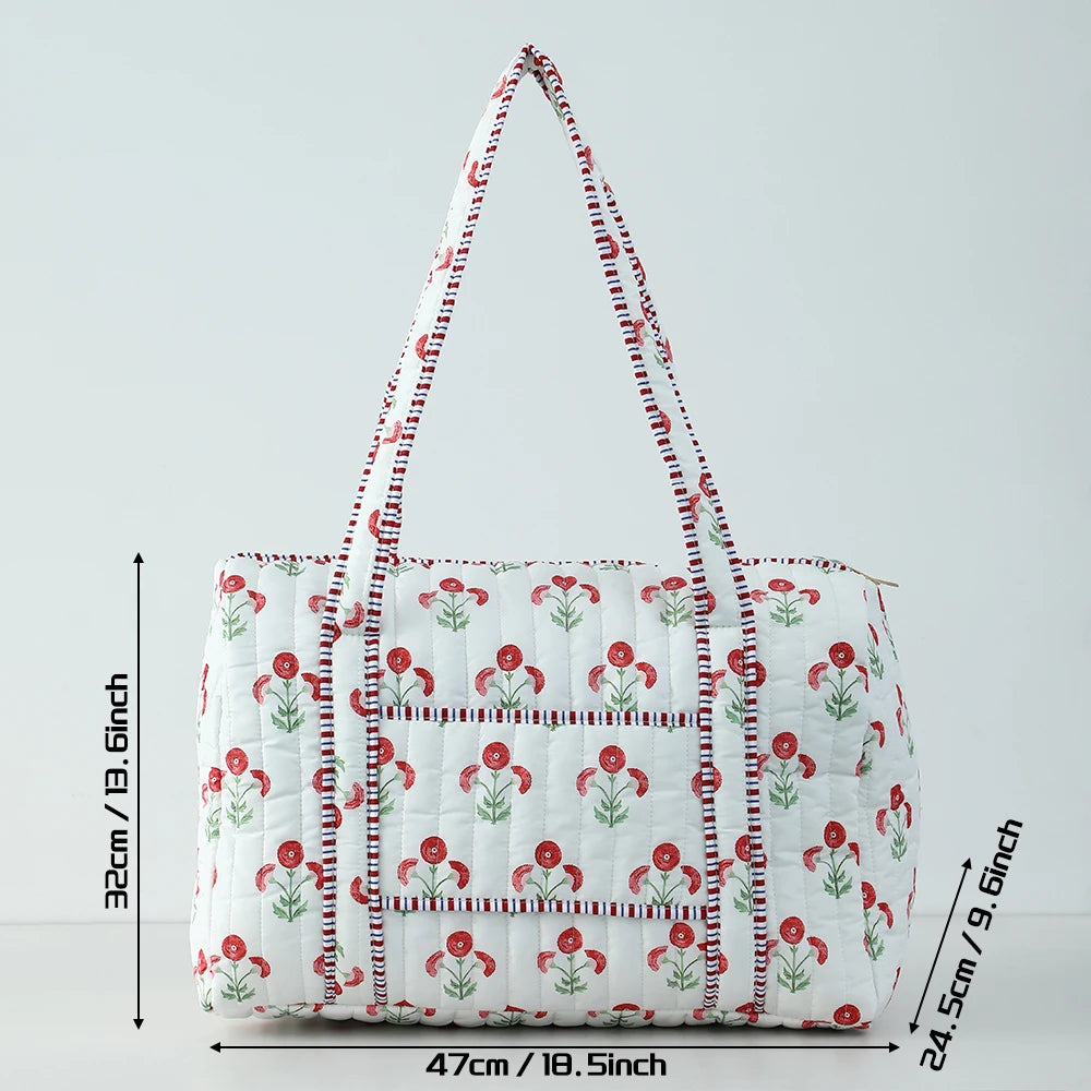 Large Quilted Travel Bag For Women Weekender Bag Floral Block Print Cotton Luggage Overnight Duffle Bags