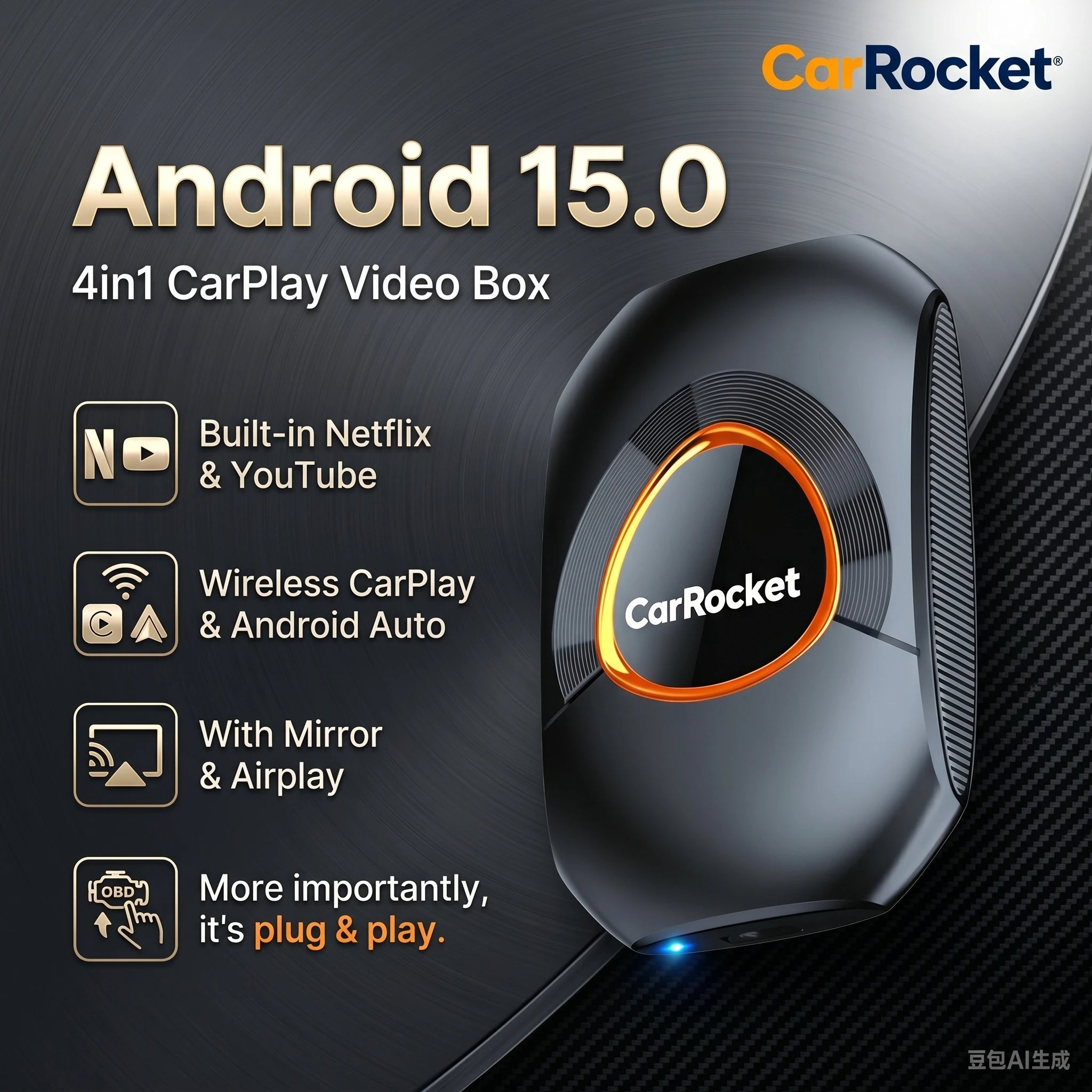 CarRocket Wireless CarPlay AI Box For Factory Wired CarPlay Cars Android 15.0 Android Auto Dual Band WiFi Bluetooth 5.2 Auto Con